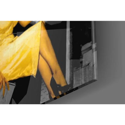 Vibrant yellow satin Marilyn Monroe diner scene glass wall art