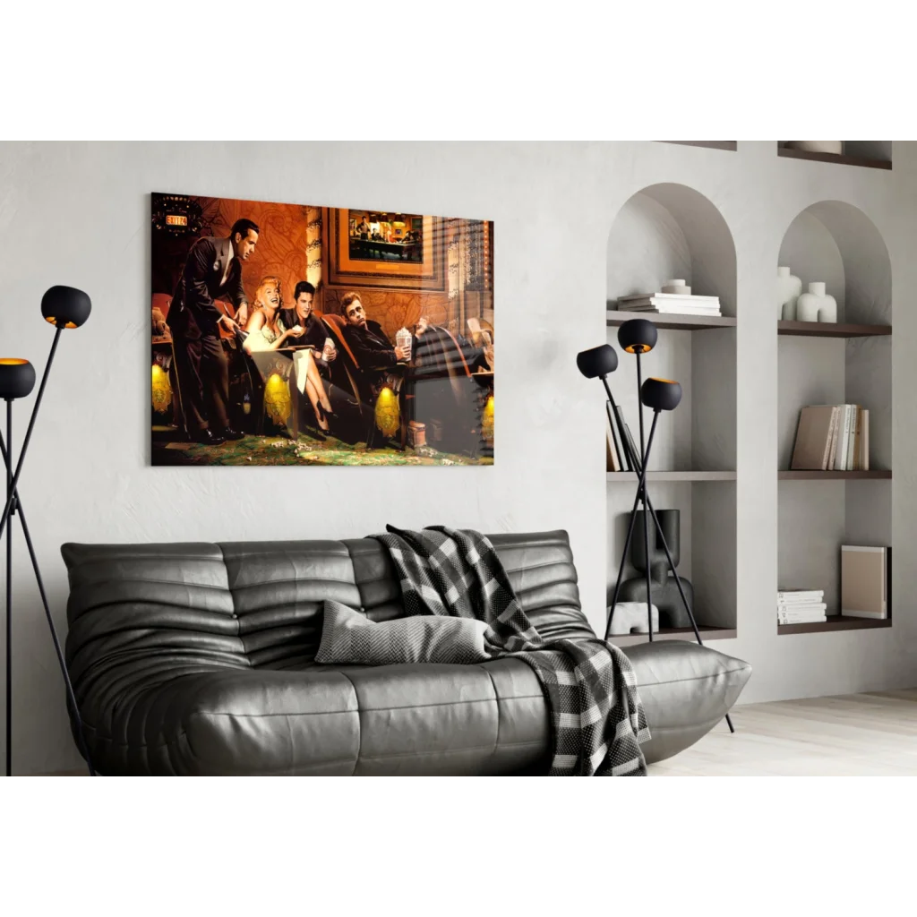 Black leather sofa with tufted cushions on Friends glass wall art