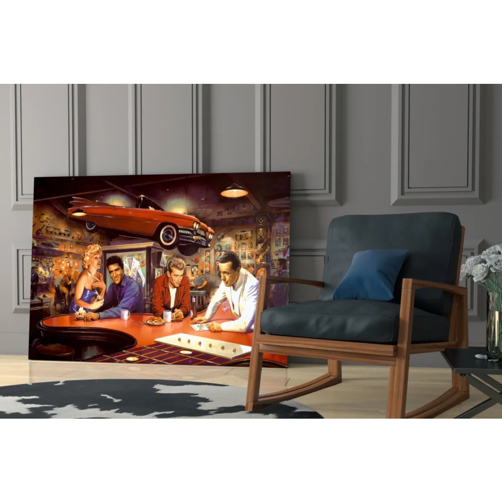 Retro diner canvas print with orange convertible over counter, vintage glass wall art