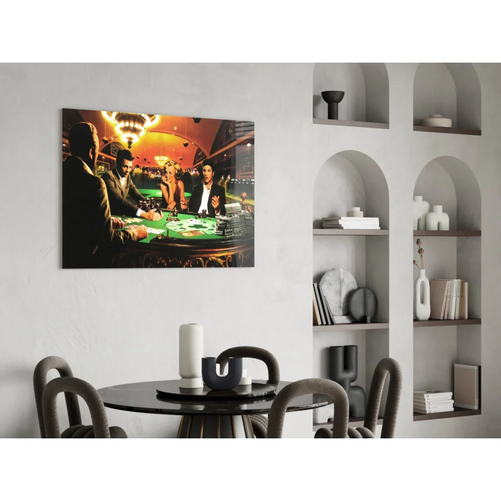 Dramatic casino poker glass wall art print on white wall