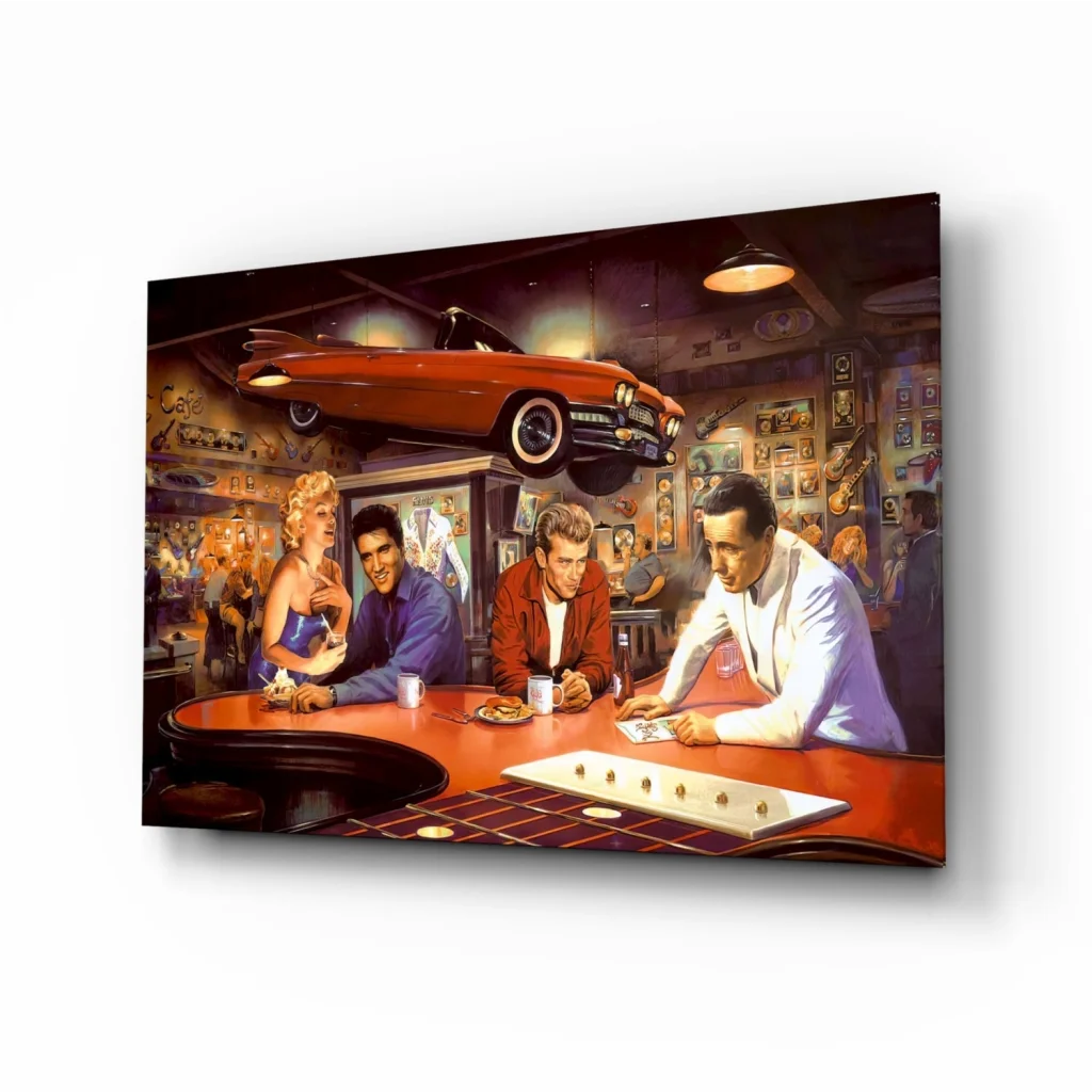 Vibrant red classic car over retro bar in vintage casino glass wall art canvas