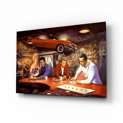 Vibrant red classic car over retro bar in vintage casino glass wall art canvas