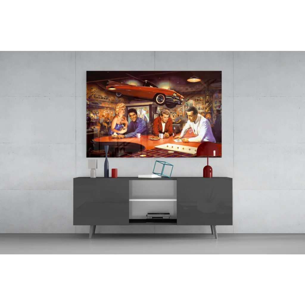 Vintage red convertible car in retro diner on glass wall art canvas