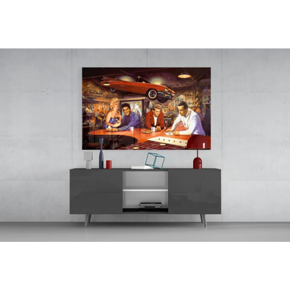 Vintage red convertible car in retro diner on glass wall art canvas