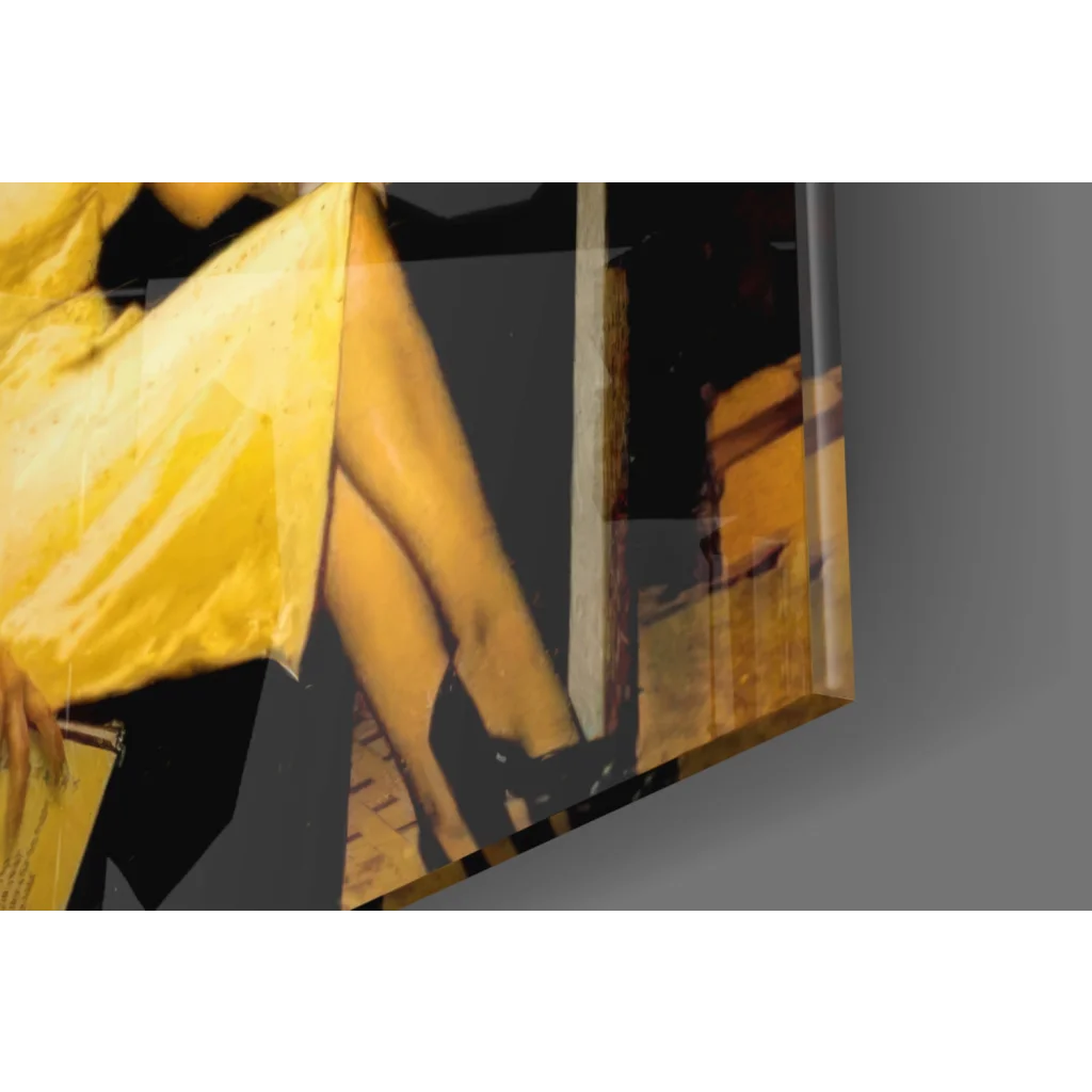 Yellow canvas print of woman in flowing dress, Godfather glass wall art