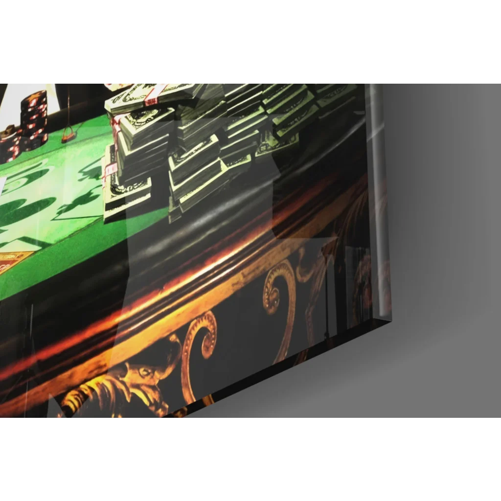 Glossy glass wall art of casino table with dollar bills and poker chips