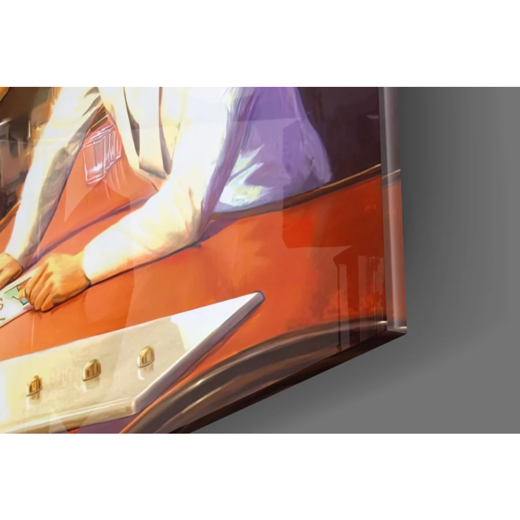 Anime character in white purple attire on glossy glass wall art print