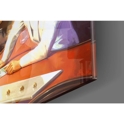 Anime character in white purple attire on glossy glass wall art print