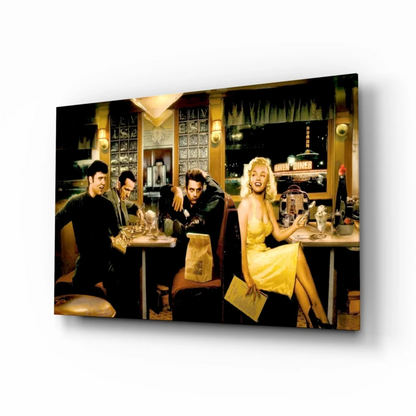 Blonde woman in vibrant yellow dress at diner in Godfather glass wall art