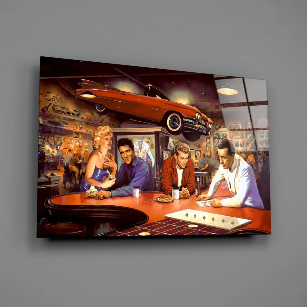 Vintage red Cadillac over retro diner in glass wall art canvas print