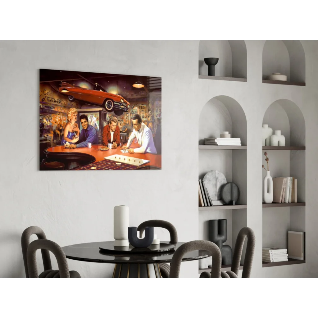 Retro bar scene with suspended orange convertible on vintage casino car glass wall art