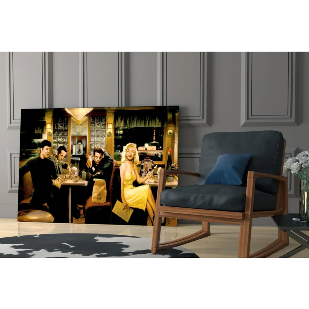 Godfather Part II scene glass wall art with Marilyn Monroe in yellow dress