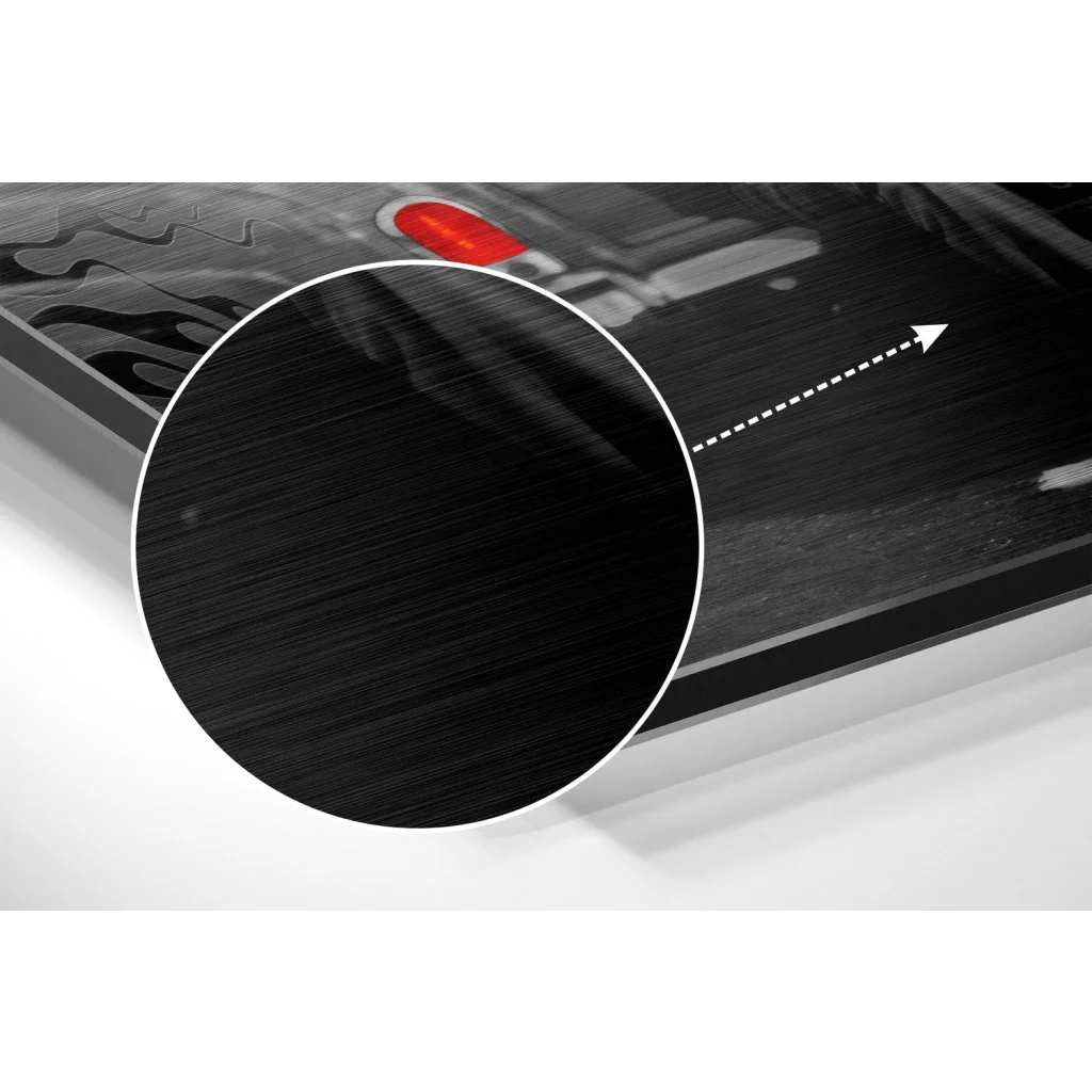 Stylized red car headlight on brushed aluminium dibond print