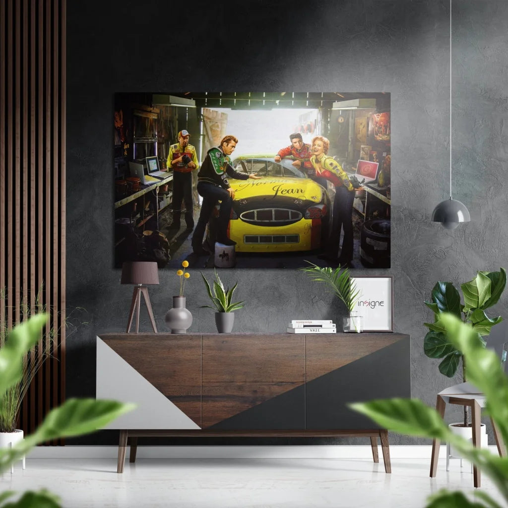 Yellow fear race car on brushed aluminium dibond wall art poster