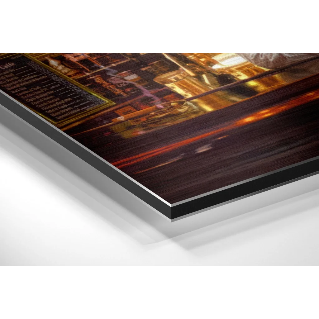 Vibrant night cityscape on brushed aluminium dibond wall art print