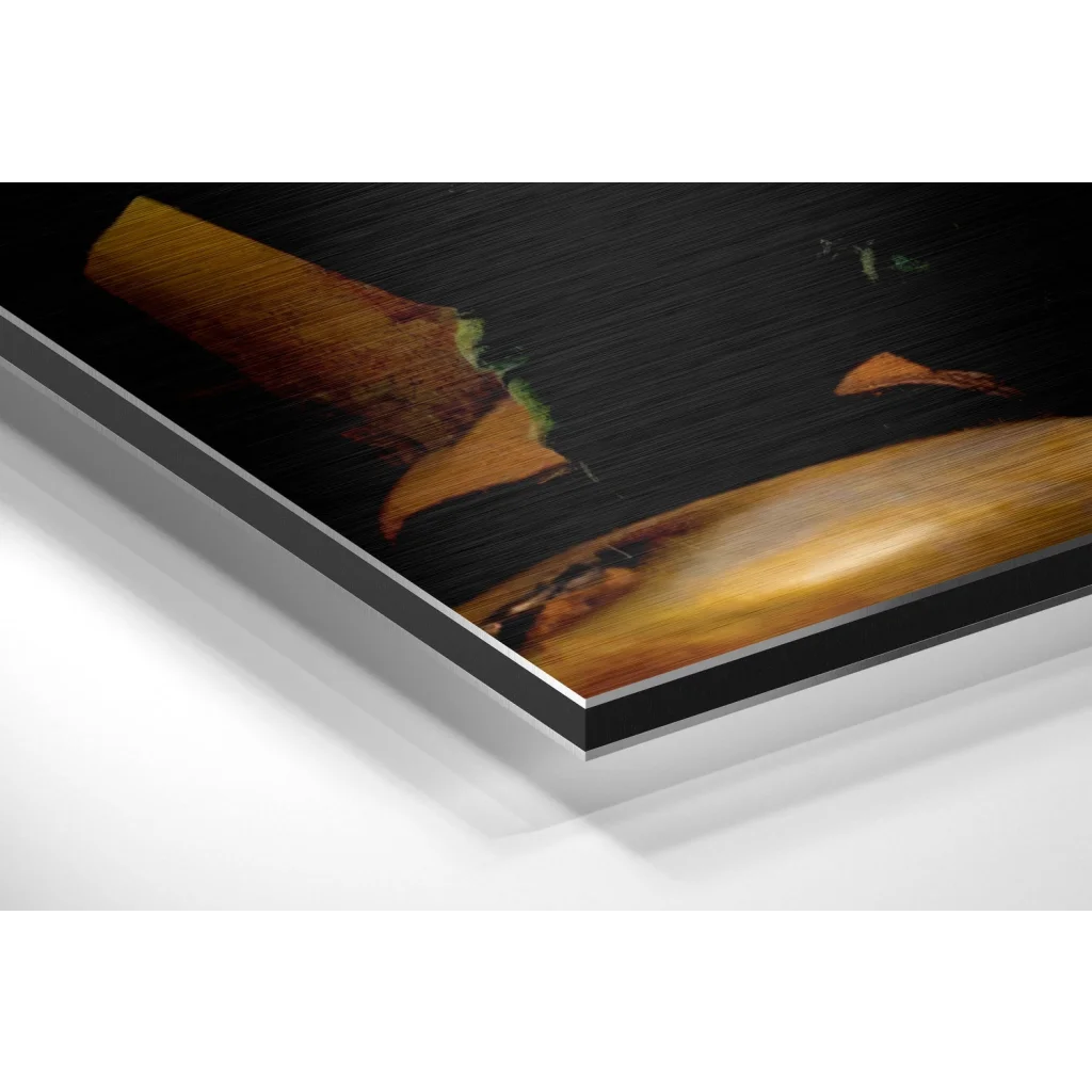 Stunning brushed aluminium dibond abstract art with golden-brown and green brushstrokes