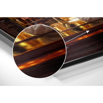 Brushed aluminium dibond cityscape wall art with warm glowing lights on wet streets