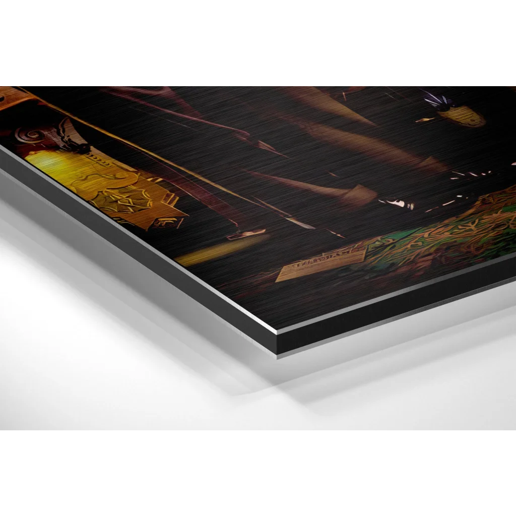 Stunning brushed aluminium dibond wall art: black acrylic print with dynamic dark fantasy scene and golden reddish-brown accents