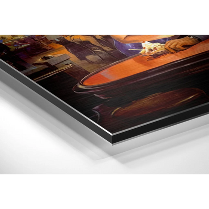 Vibrant poker hands on glowing orange table in brushed aluminium dibond print