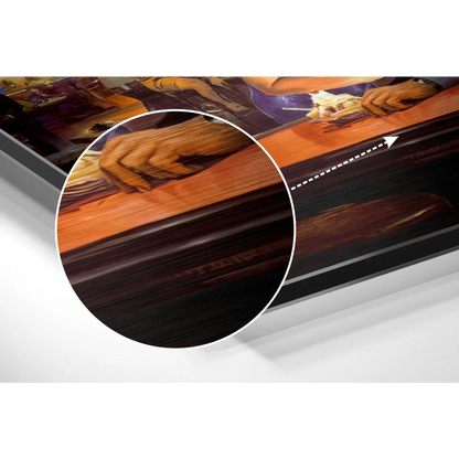 Dark wood-framed canvas print of hands crafting wood on brushed aluminium dibond