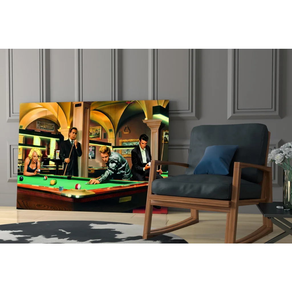 Vintage pool hall glass wall art with dramatic lighting and green felt table