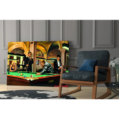 Vintage pool hall glass wall art with dramatic lighting and green felt table