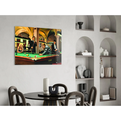 Vintage pool hall scene on glass wall art print
