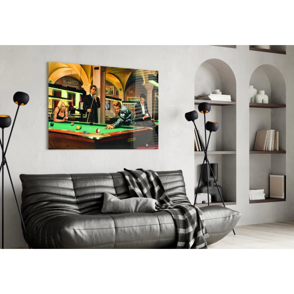 Classic Pool Hall Scene Glass Wall Art Print | Contemporary Home Wall Art | vintageantiquesgifts.com