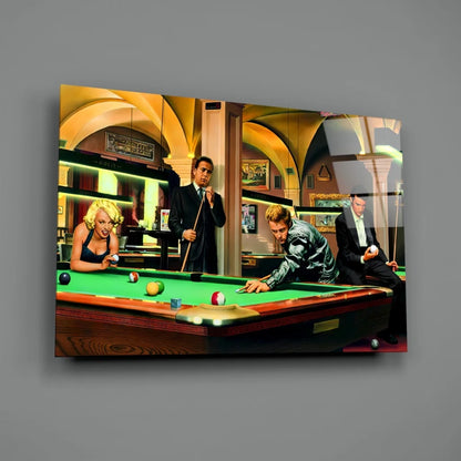 Classic Pool Hall Scene Glass Wall Art Print | Glass Wall Art Print | vintageantiquesgifts.com