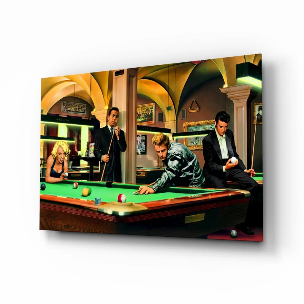 Classic Pool Hall Scene Glass Wall Art Print | Insigneart USA | vintageantiquesgifts.com