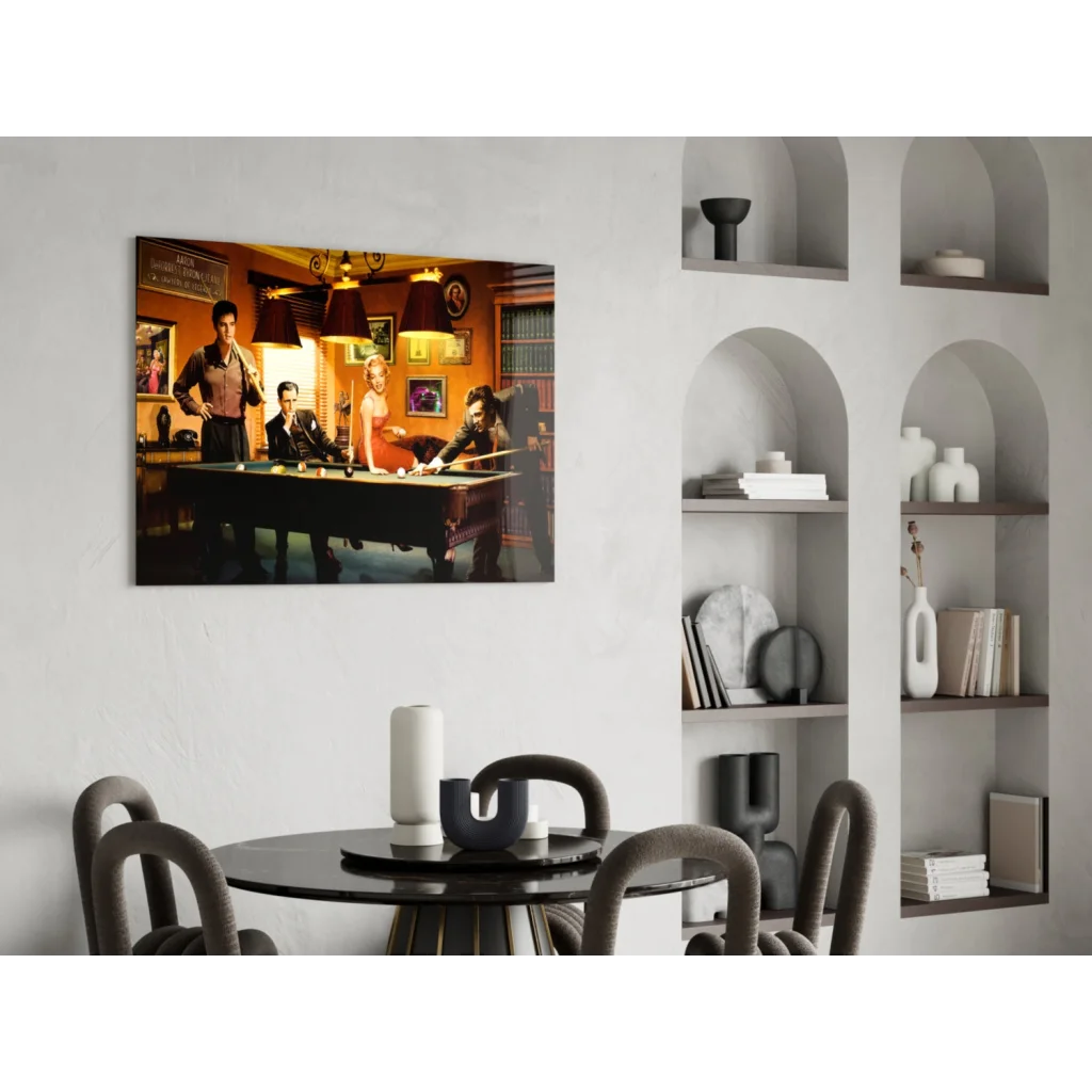 Sopranos pool hall scene vintage wall art print with warm lighting