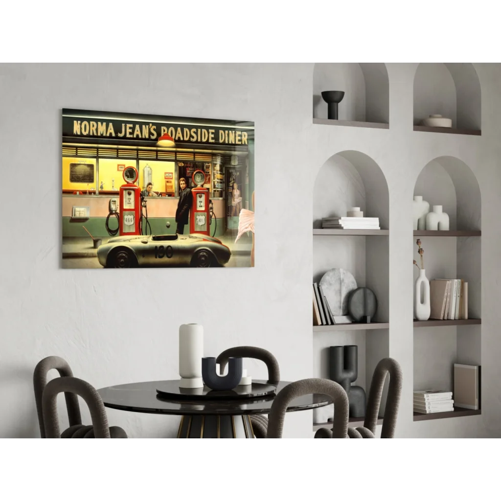 Vintage retro diner Porsche race car glass wall art print