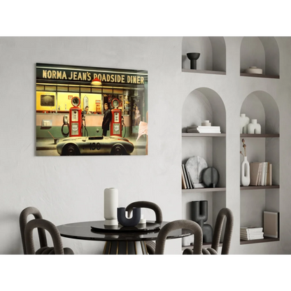 Vintage retro diner Porsche race car glass wall art print