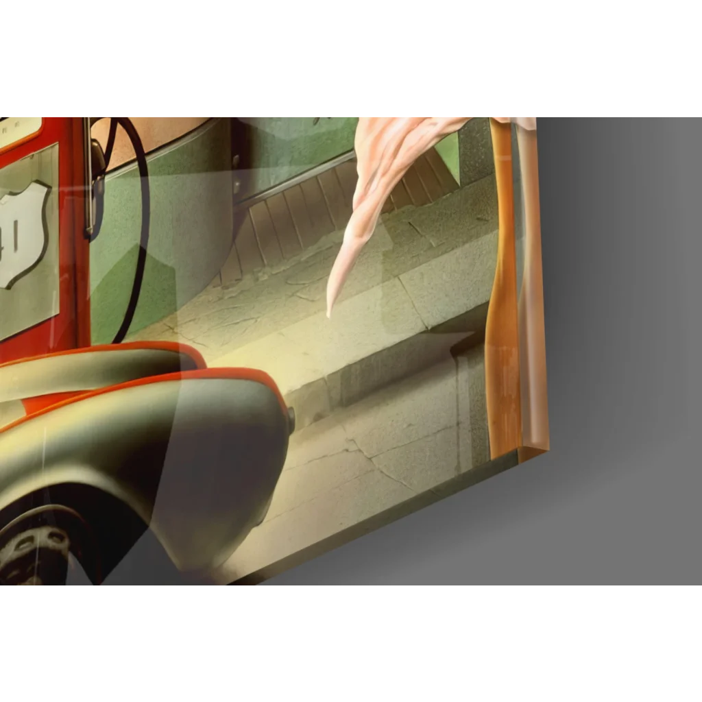 Vintage red green Porsche race car at retro diner gas station on glass wall art