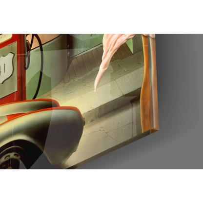 Vintage red green Porsche race car at retro diner gas station on glass wall art