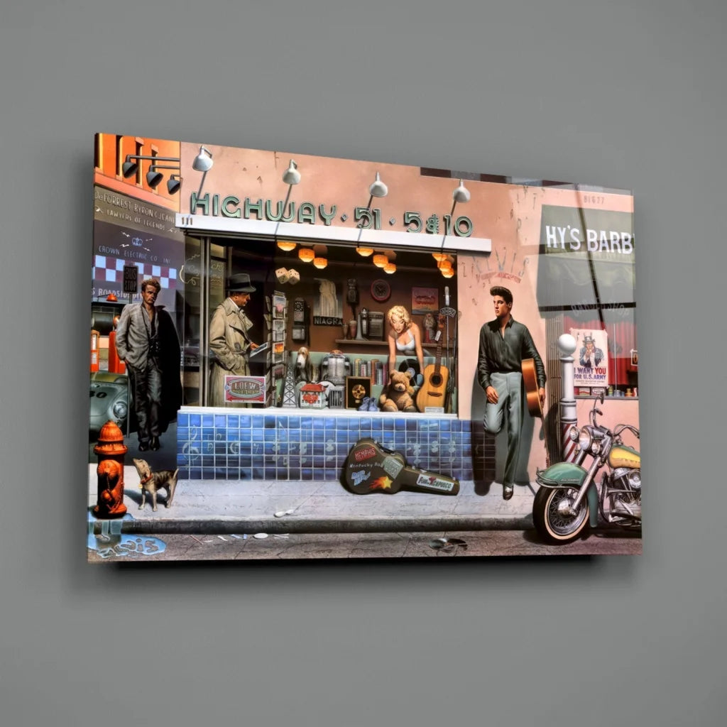 Retro Street Scene Glass Wall Art Canvas Print | Glass Wall Art Print | vintageantiquesgifts.com