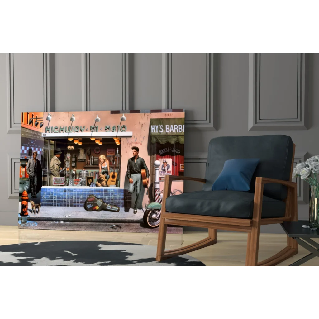 Retro street scene glass wall art canvas print with vintage signage