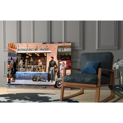 Retro street scene glass wall art canvas print with vintage signage