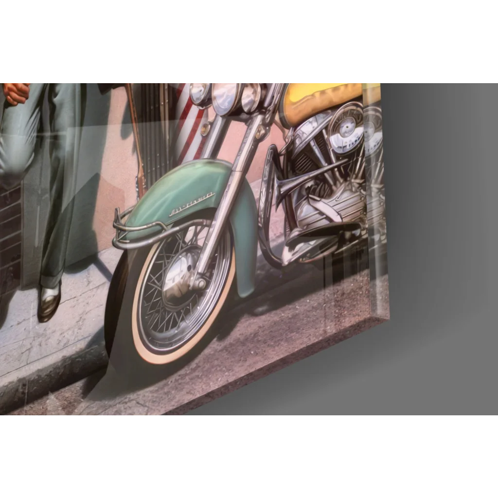 Vintage green motorcycle on retro glass wall art canvas print