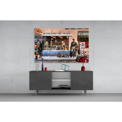 Retro glass wall art canvas print of vintage barbershop street scene