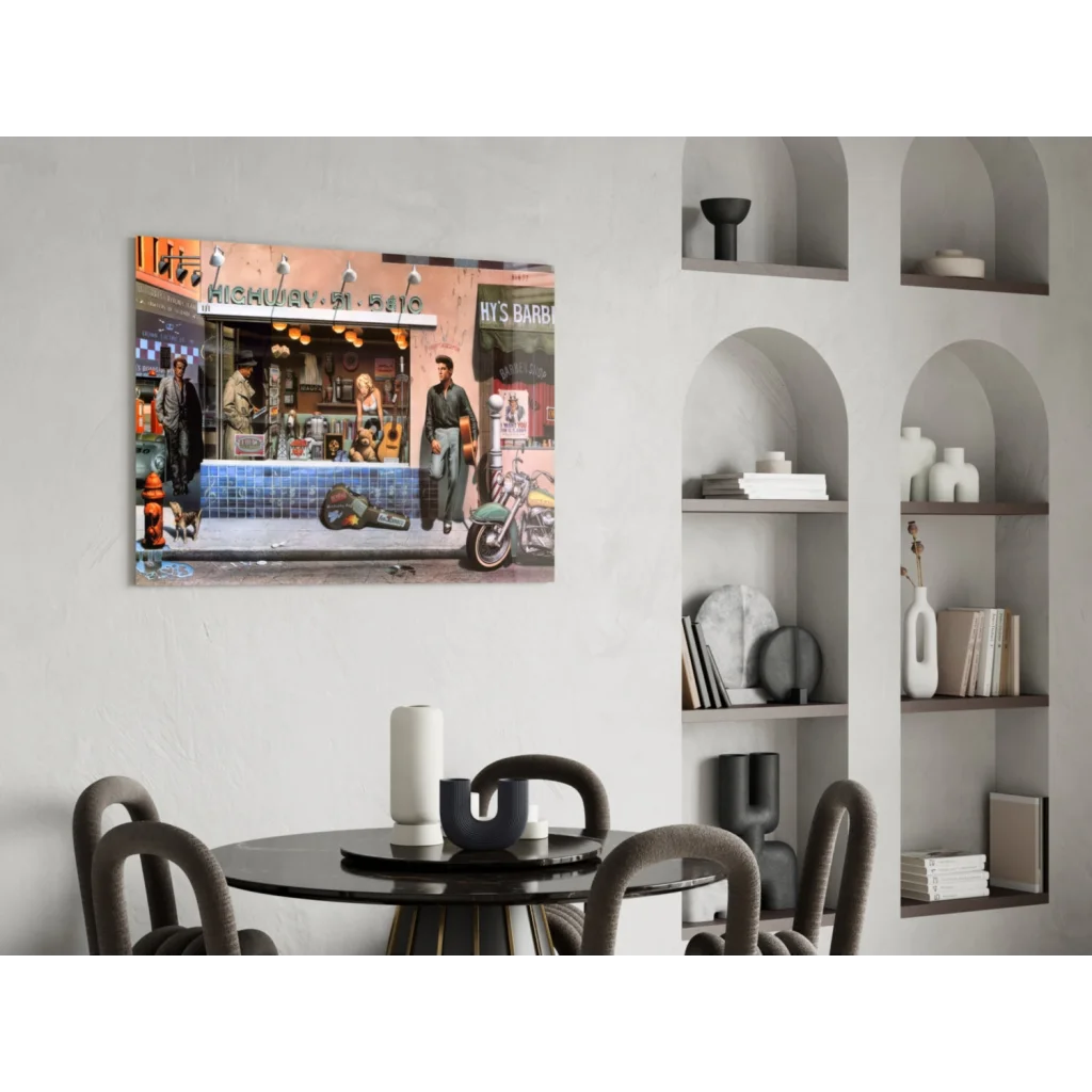 Retro glass wall art of vibrant diner scene with blue tiles and vintage motorcycle
