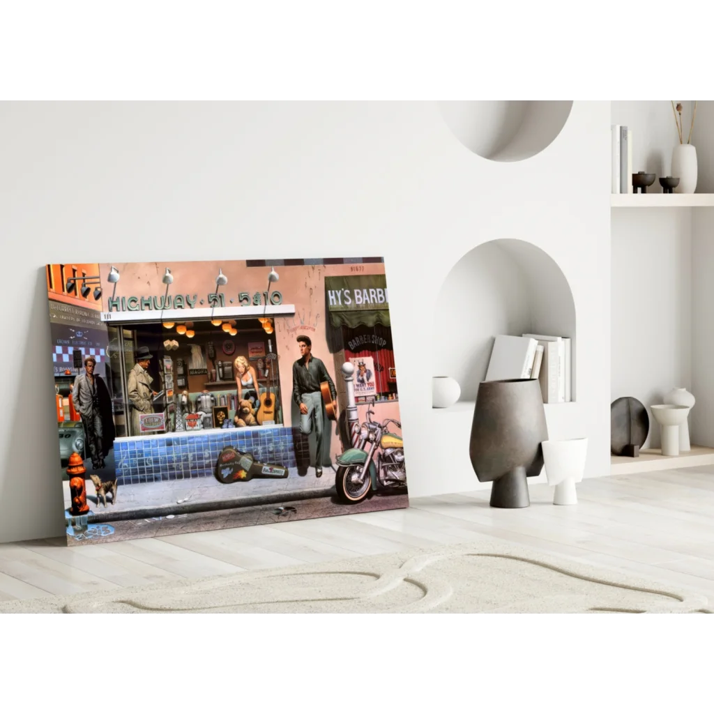 Retro Street Scene Glass Wall Art Canvas Print | Modern Wall Art Decor | vintageantiquesgifts.com