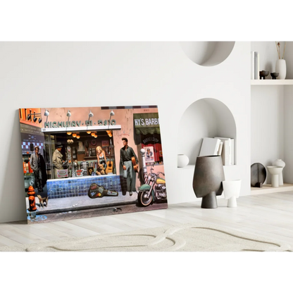 Retro Street Scene Glass Wall Art Canvas Print | Modern Wall Art Decor | vintageantiquesgifts.com