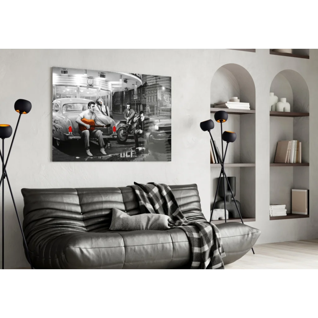 Vintage Elvis Presley car scene wall art canvas print with red accents