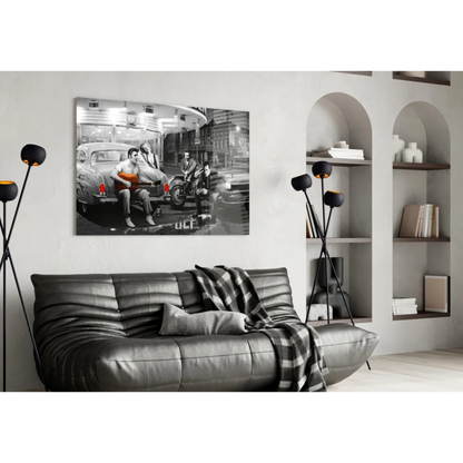 Vintage Elvis Presley car scene wall art canvas print with red accents