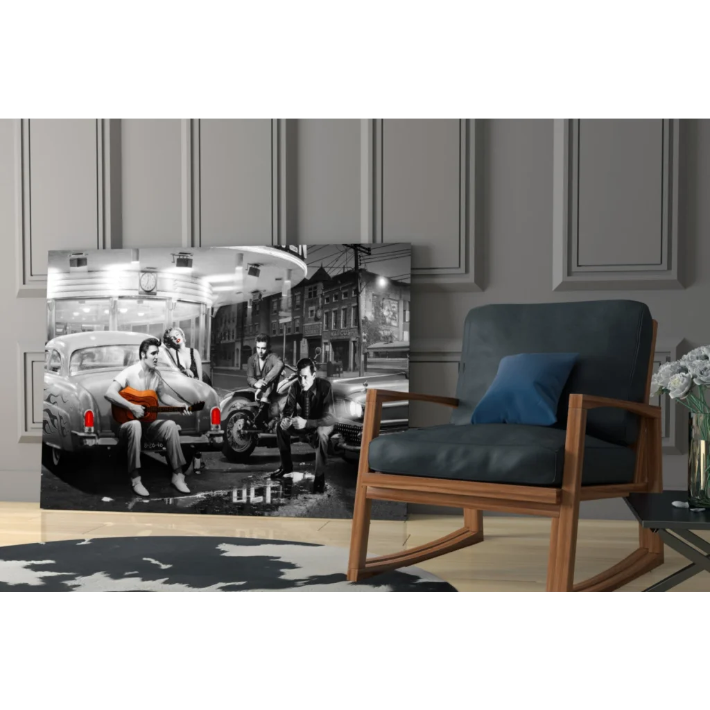 Vintage Elvis Presley car with musicians black-and-white wall art canvas print