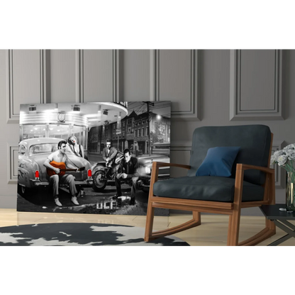 Vintage Elvis Presley car with musicians black-and-white wall art canvas print