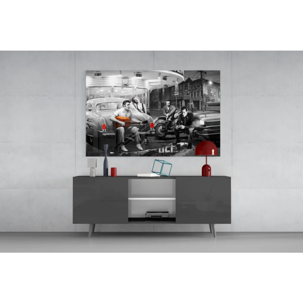 Elvis Presley vintage car wall art canvas print with red accents