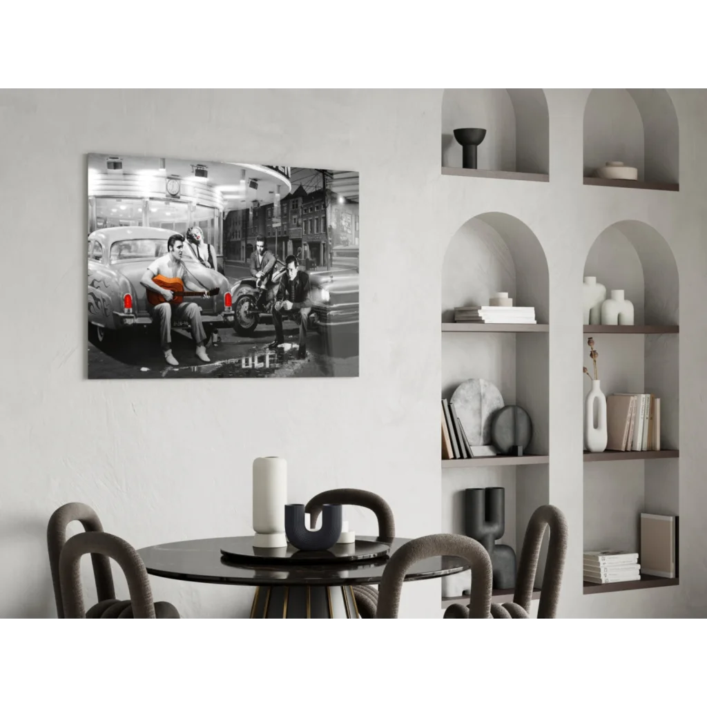 Elvis Presley vintage car wall art canvas print with red accents