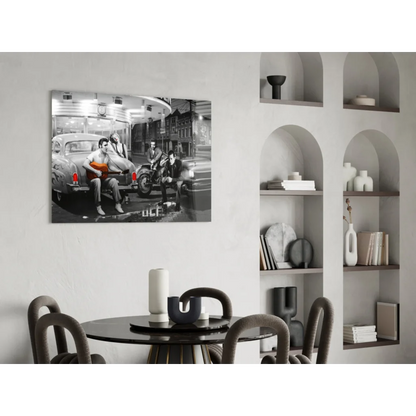 Elvis Presley vintage car wall art canvas print with red accents